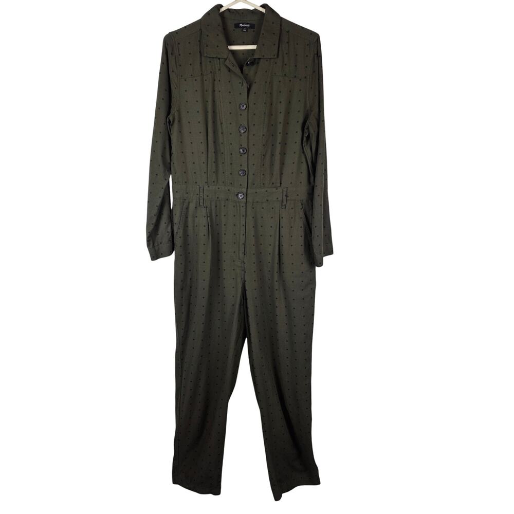 Madewell Seamed Coverall Jumpsuit 10 Green Black Grid Dot Polka Cotton Utility